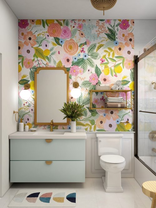 Bathroom with a flower pattern wallpaper