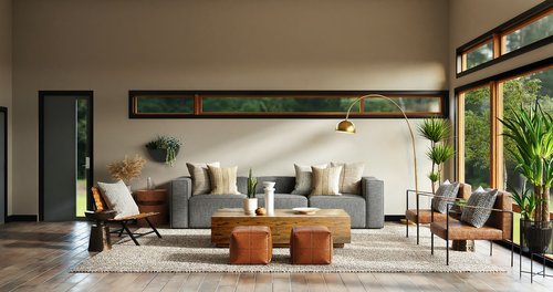 A well balanced living room with sofa, chairs and coffee table